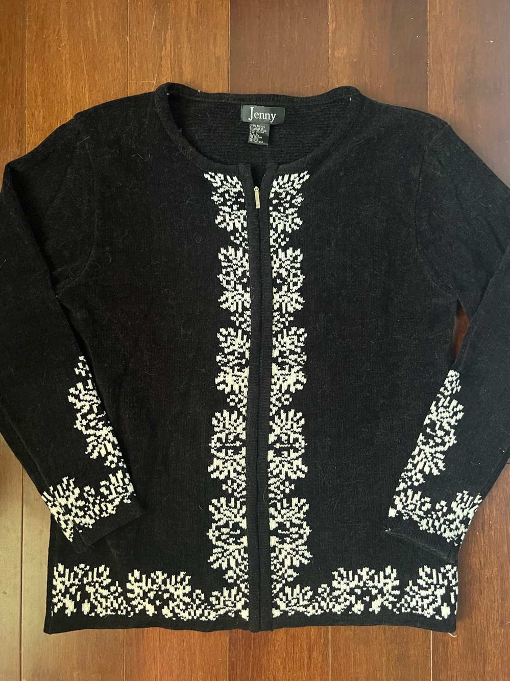 Vintage Jenny Black Cream Zip Front Chenille Sweater M
